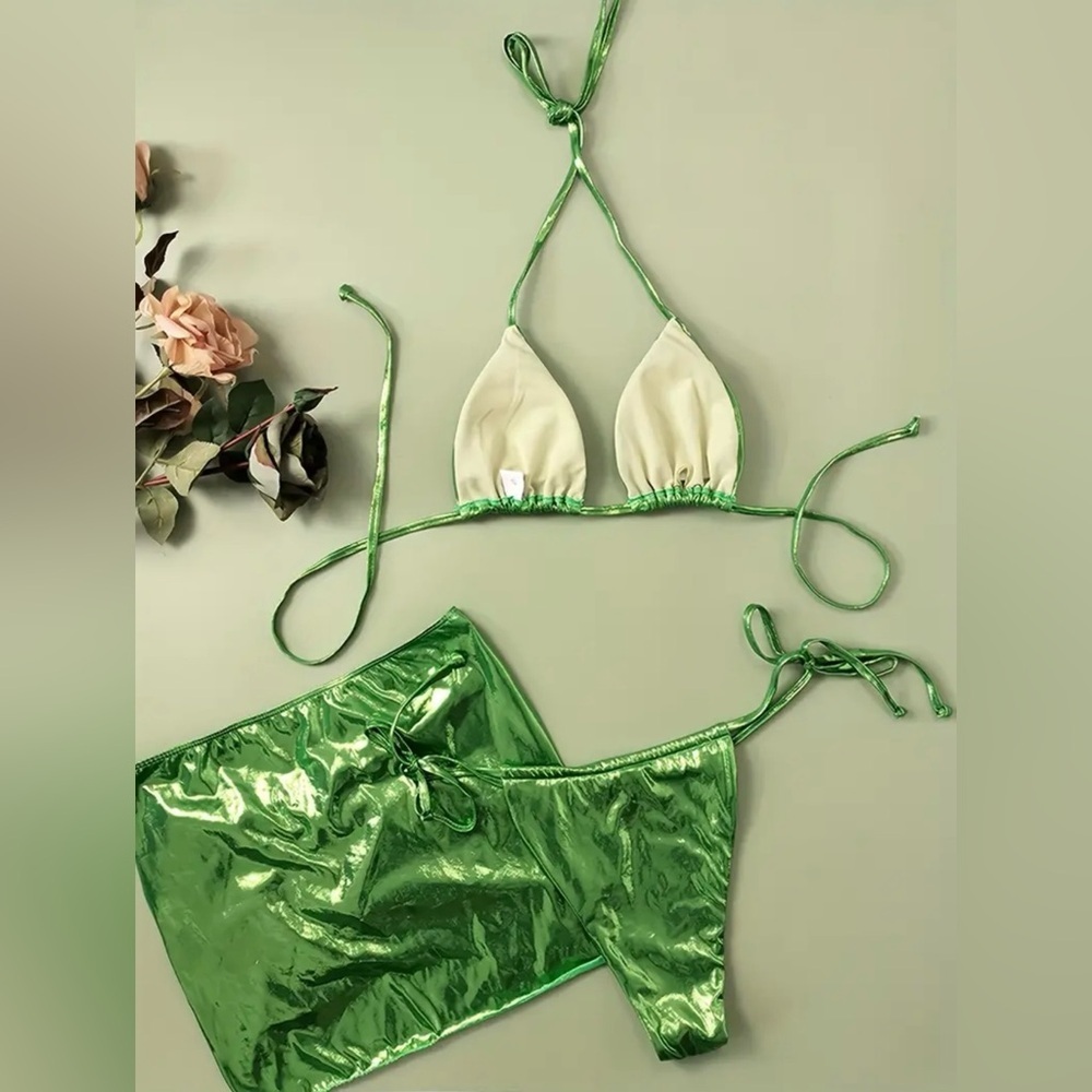 3pc Green Metallic Halter High Cut Brazilian Bikini Set & Skirt Cover Up - Picture 10 of 12